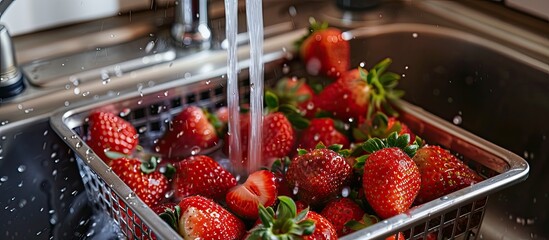 Poster - Summer organic strawberries in a metal basket being washed in a kitchen sink with a copy space image. Berry picking season.