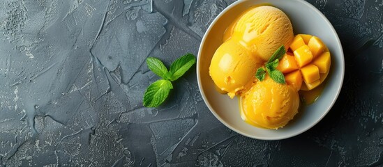 Wall Mural - Homemade mango ice cream or sorbet in a bowl on a gray background with room for copy space image.