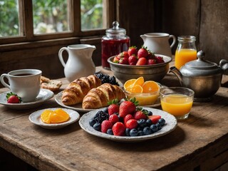 Rustic breakfast spread laid out near window with natural light streaming in, highlighting textures, colors of food. White ceramic plate holds assortment of fresh berries.