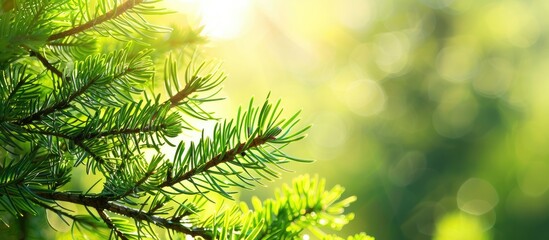 Aufkleber - Young spruce branches with vibrant green needles in a spring landscape, featuring a focus on nature, suitable for design with copy space image.