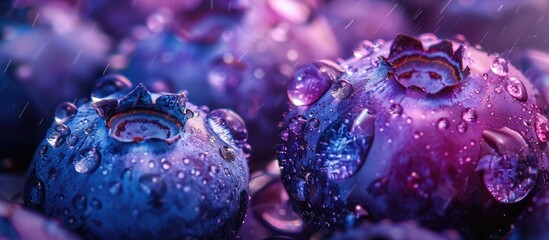 Poster - Macro shot of juicy blueberries with water droplets, creating a fresh backdrop for your text. Ideal for vegan and vegetarian themes. Close-up texture image.