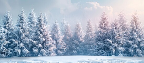 Aufkleber - Winter forest scene with snow-covered fir trees creating a picturesque copy space image.