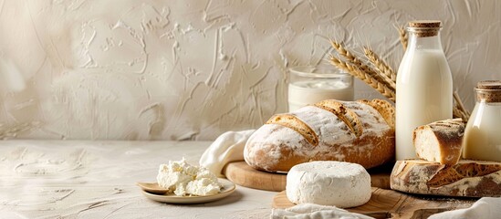 Canvas Print - Dairy products and bread displayed on a light backdrop with copy space image.