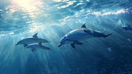 Poster - A pod of dolphins swimming together in synchronized motion under the sunlight.