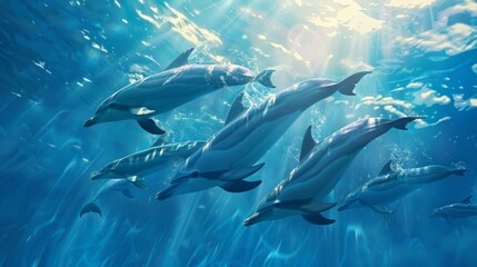 Poster - A pod of dolphins swimming together in synchronized motion under the sunlight.