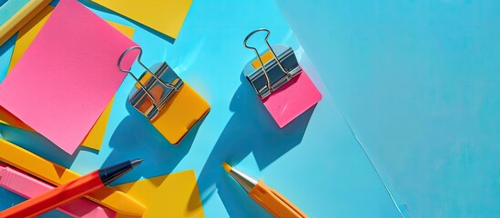 Poster - Staplers and sticky notes on blue backdrop with copy space image.