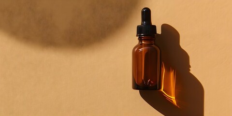 Wall Mural - Flat lay of amber glass dropper bottle with serum casting shadow. Concept Product Photography, Amber Glass Bottle, Dropper Serum, Flat Lay, Shadow Casting