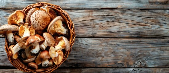 Poster - Top view of a basket filled with various mushrooms on a rustic wooden table, allowing for text placement within the image.