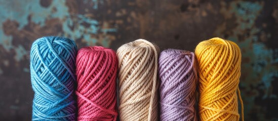 Poster - Six cotton cord skeins for knitting set against a beautiful background, perfect for needlework projects with a designated copy space image.
