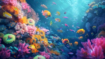 Poster - A school of tropical fish swimming around a coral bommie covered in sea anemones and soft corals.