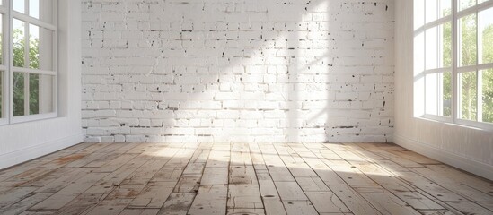 Aufkleber - Residential space with a white mortar wall backdrop, wooden laminate flooring, and a vacant ambiance for a copy space image.