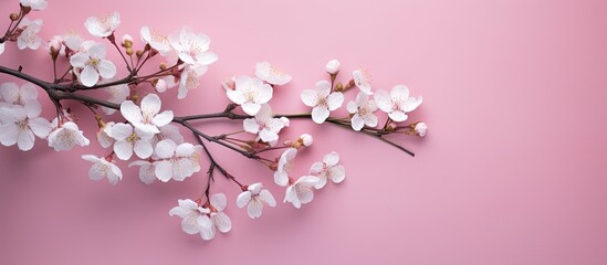 Poster - Top view of a spring-themed pastel pink background adorned with delicate white flowering branches, ideal for a springtime concept, with ample copy space image.