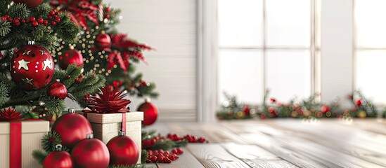 Poster - Christmas-related decorations, such as red ornaments, gifts, and a decorated tree, in a festive copy space image.