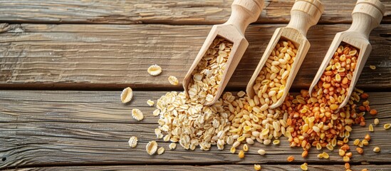 Poster - Wooden scoops for loose cereals displayed on a wooden background with copy space image.