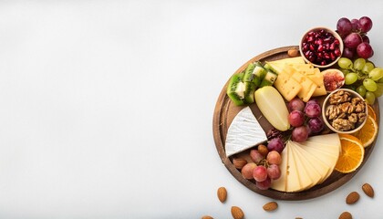 Sticker - Cheese platter with different fruits and nuts on a white background. Banner. Top view. Festive gourmet appetizer for party.