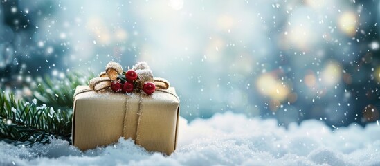 Aufkleber - Decorating for the New Year's holiday with a beautiful gift against a snowy white backdrop in a close-up shot, providing a perfect copy space image.