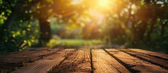 Poster - Blurry nature background with a table top setting, creating a copy space image.