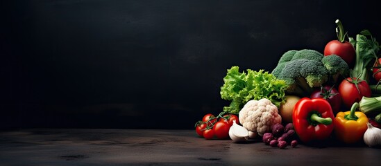 Poster - Various vegetables arranged on a table showcasing a trendy vegetarian lifestyle with the possibility of adding text or images on the clear area in the frame - known as a copy space image.