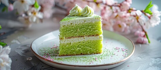 Sticker - Green pandan sponge cake displayed on a white plate with copy space image.