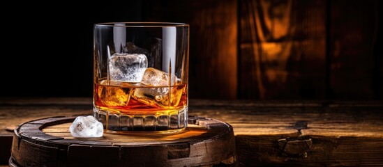 Aufkleber - A glass of whiskey with ice on an aged barrel, set against a wooden backdrop with ample copy space image.