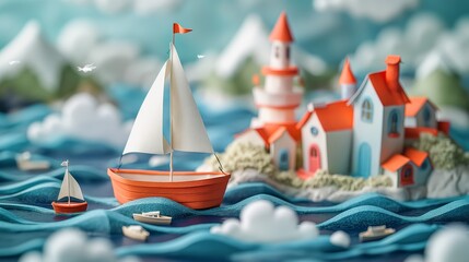 Wall Mural - coastal town with sailing boat, cute paper cut style illustration, nursery baby concept,