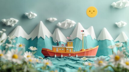 Wall Mural - big boat sailing in ocean with mountain and flower background, cute paper cut style illustration, nursery baby concept,