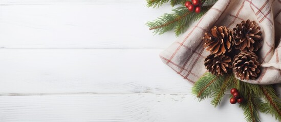 Aufkleber - A festive Christmas arrangement with a gift, cozy blanket, pine cones, and evergreen branches on a rustic white backdrop. Flat lay design with room for text or images in the shot