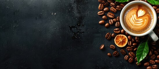 Poster - A banner displaying a cup of coffee, coffee beans, and offering copy space for text.