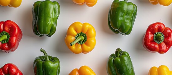 Poster - Red, green, and yellow bell peppers arranged on a white surface, providing ample space for additional imagery, observed from above.