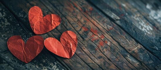 Poster - Valentine's Day themed composition featuring two red paper hearts displayed on a dark wooden surface, with ample copy space image available.