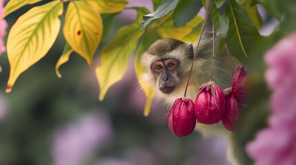 macaco olhando para a câmera ao lado de flores pendentes no alto