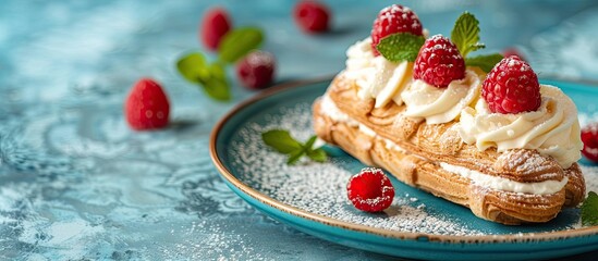 Poster - Delicious homemade eclair with cottage cheese dessert on blue background with horizontal copy space image.