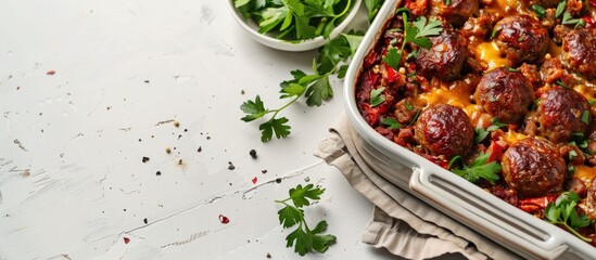 Aufkleber - Savory sausage casserole on baking dish displayed on a white table with space for text in the image.