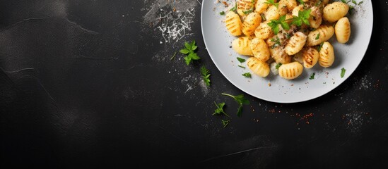 Canvas Print - Top-down view of cooked gnocchi adorned with butter and pepper on a gray backdrop with ample copy space image.