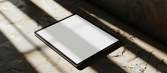 Poster - Digital tablet mockup with a white screen template placed on a corner of a table, set in natural lighting and shadow, ideal for copy space image.
