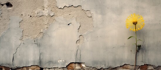 Aufkleber - A youthful dandelion plant against a weathered wall with copy space image.