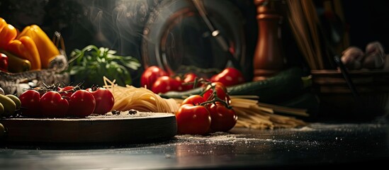 Poster - Italian cuisine showcased with vegetables and pasta against a dark backdrop, inviting with a copy space image.