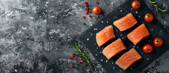 Poster - Salmon fillet slices displayed on a black slate plate, providing space for additional image elements.