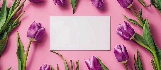 Poster - Top view of a mock-up scene with a blank greeting card surrounded by purple tulips on a pink background. This floral arrangement represents the concept of spring, with ample copy space for text.