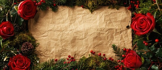 Fototapete - Blank sheet of paper surrounded by red roses, mistletoe, and moss, with copy space image.