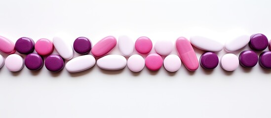 Aufkleber - Colorful pink pills arranged in an oval shape on a white backdrop, providing a vibrant and vivid copy space image.