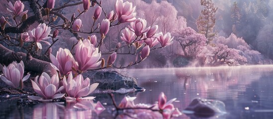 Poster - Captivating view of blooming purple magnolias in a serene setting with copy space image.