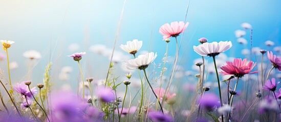 Poster - Close-up macro image of beautiful wildflowers like chamomile and purple wild peas, with a butterfly among them in the morning haze. Wide landscape format with cool blue tones and copy space for an