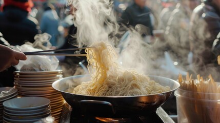 Wall Mural - A steaming bowl of noodles being served at a bustling street food market