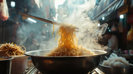 Wall Mural - A steaming bowl of noodles being served at a bustling street food market