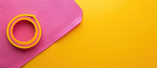 Poster - Aerial perspective of a rubber band on a pink exercise mat against a yellow backdrop with empty space for adding an image.