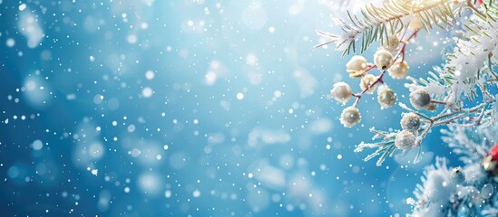 Poster - Design elements for advertisements with a blue background featuring artificial white snow, intertwined with Christmas and New Year themes, creating a festive vibe for copy space images.