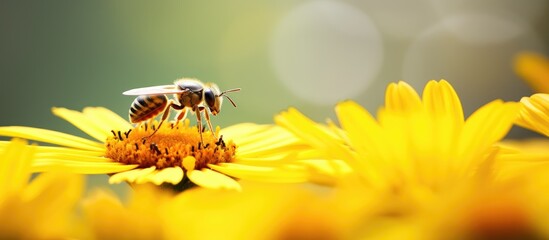 Sticker - An insect is heading towards the flower's center to gather nectar in the right side of the frame, leaving copy space image.