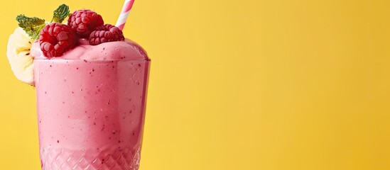 Poster - Close up image of a raspberry smoothie with summer fruits on a pastel yellow background for a healthy lifestyle concept with copy space.