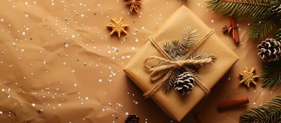 Aufkleber - Cozy Christmas still life featuring a kraft gift box adorned with a ribbon on a colored background, suitable for birthdays or New Year celebrations, with space for text or images.